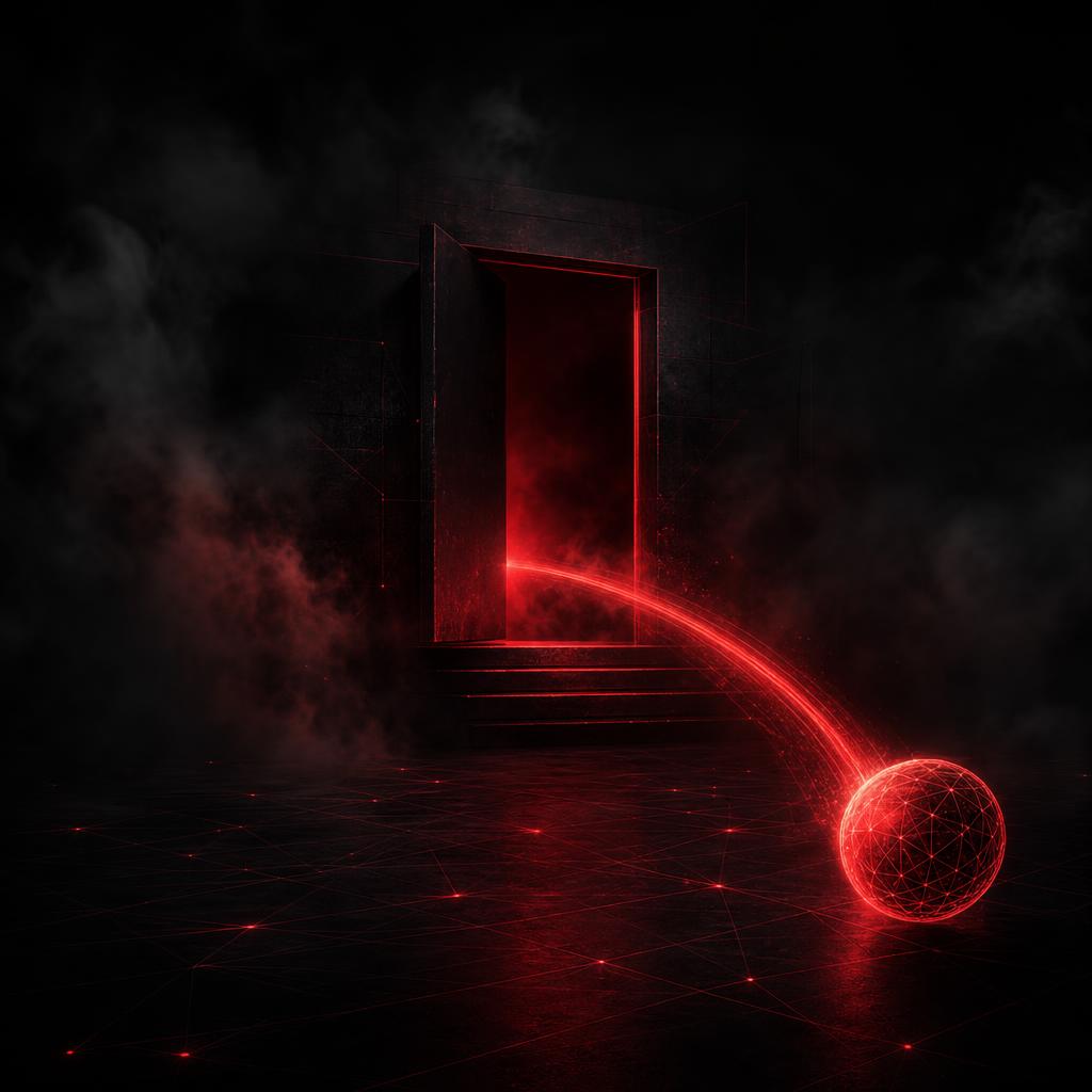 A glowing red sphere ricocheting away from the threshold of an open dark doorway.