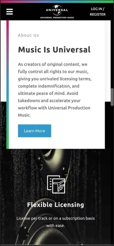 Universal Production Music website on mobile