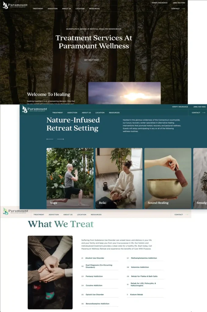 Website of Paramount Wellness Retreat with forest background and treatment service details.