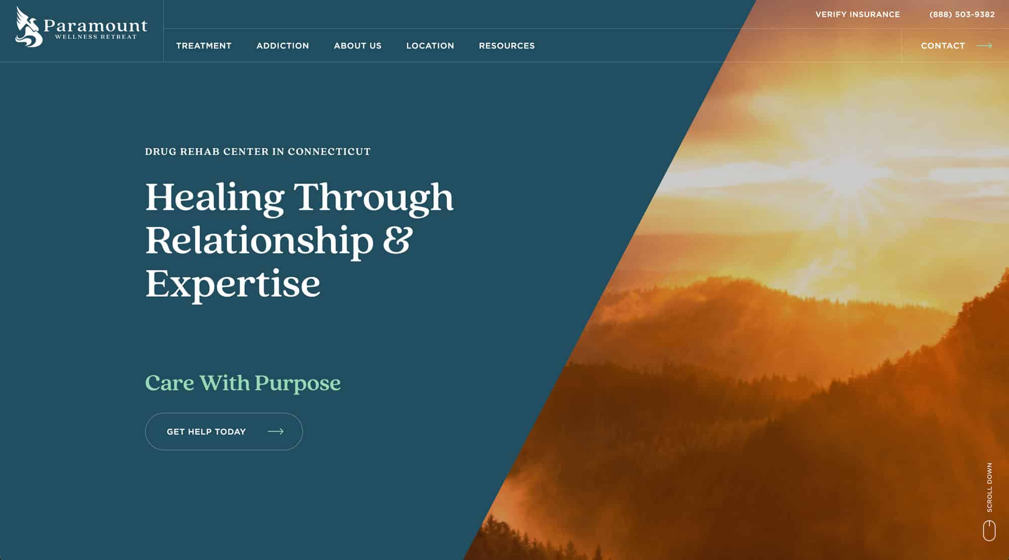 Paramount Wellness Retreat logo with white bird, forest landscape with sunrise.